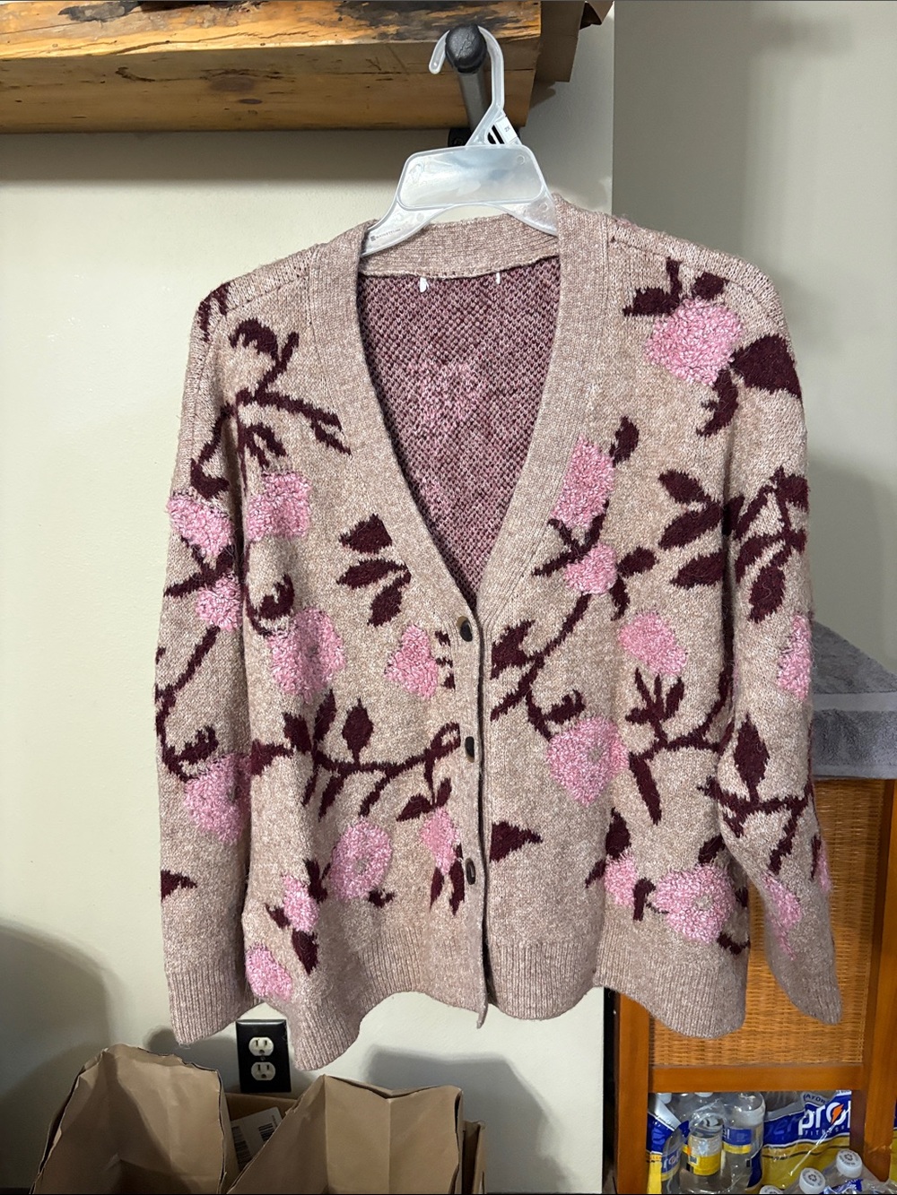 Floral Knit V-Neck Cardigan Sweater - Pink/Maroon